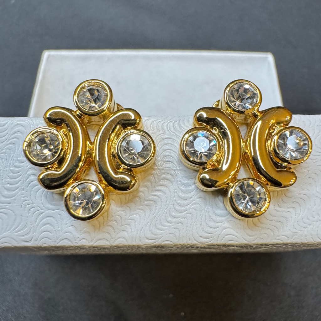 Nina Ricci Rhinestone Four-Petal Design Gold-Toned Earrings